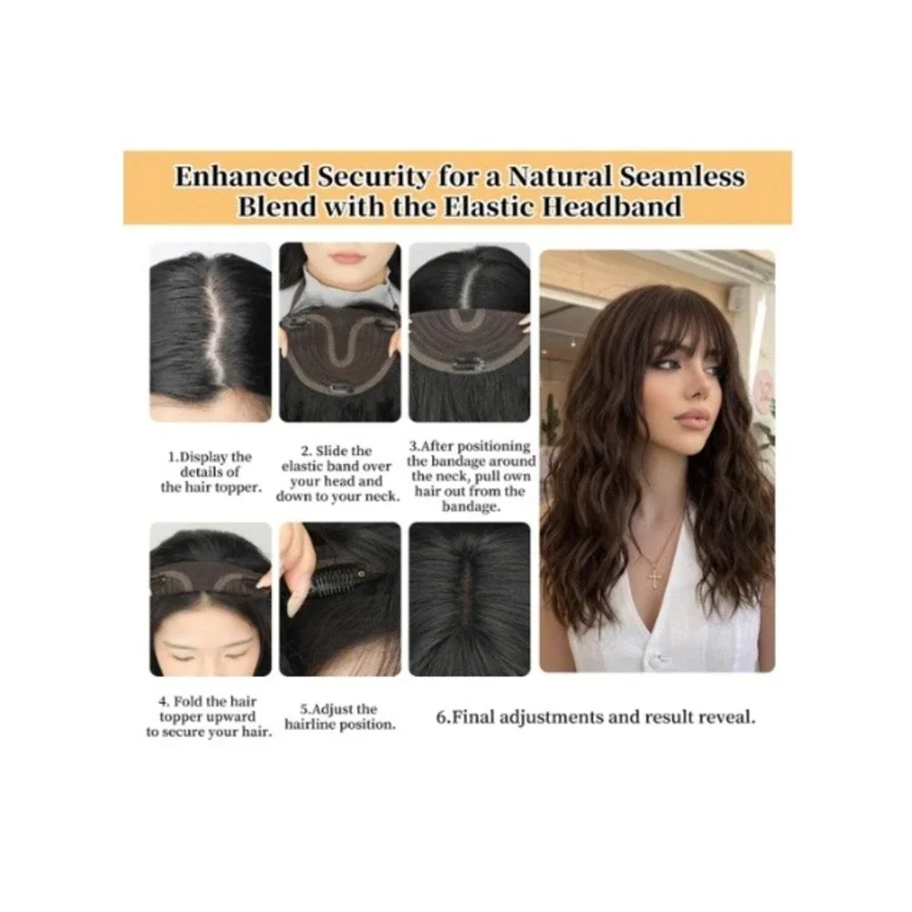 MONIXI 18 Inch Wavy Synthetic Hair Topper Dark Brown French Bangs 6x5 Base